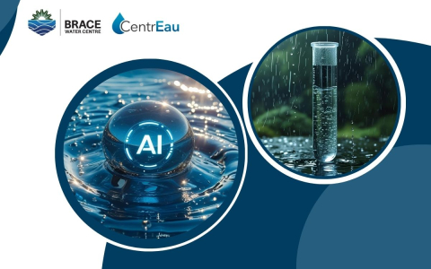 image of ai bubble coming out of water and a test tube in the rain with brace and centr'eau logos
