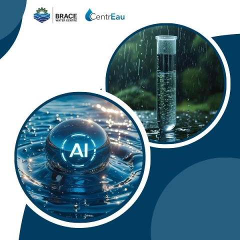 image of ai bubble coming out of water and a test tube in the rain with brace and centr'eau logos