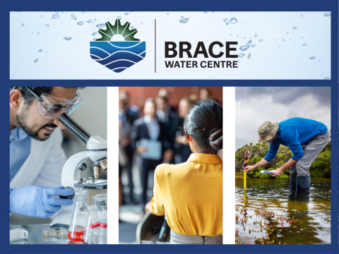 brace logo with 3 panels of a man looking in a microscope, a woman presenting to an audience and a man in a lake taking a water sample