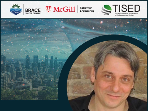 brace, mcgill engineering and tised logo. photo of montreal faded with water image over and Fabio Pulizzi