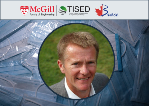 Mcgill engineering, TISED and Brace logo and Dr. Tony Walker, background blue medical mask in plastic