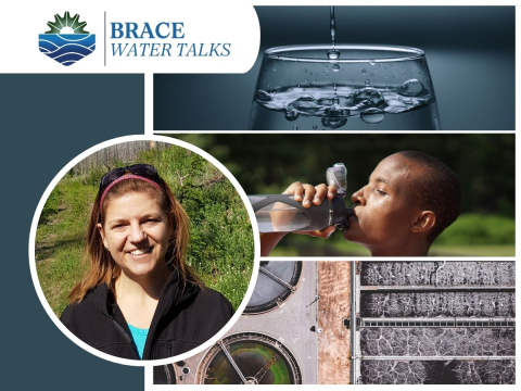 brace water center logo with monica emelko and three photos with water of glass, a man drinking water and a filtration center
