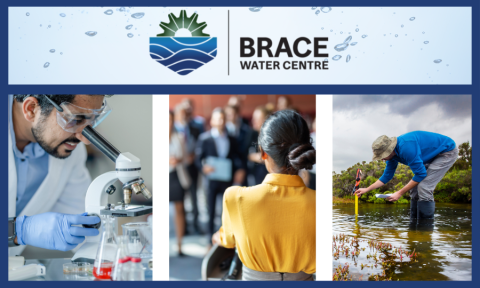 brace water center logo and little boxes of:  woman's back talking to a crowd, a man looking in a microscope, a man looking at a pool of water 
