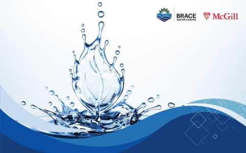 water droplet in the shape of a leaf with brace and mcgill logo and blue curves