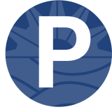 Navy circle with faded white brace logo and the letter P