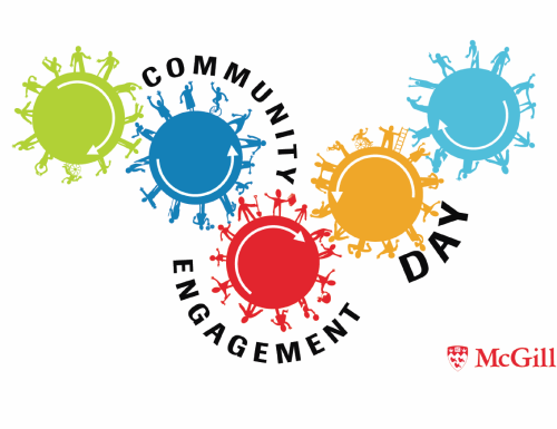 Logo for community engagement day shows 5 different coloured interlocking circles with different kinds of people attached around them
