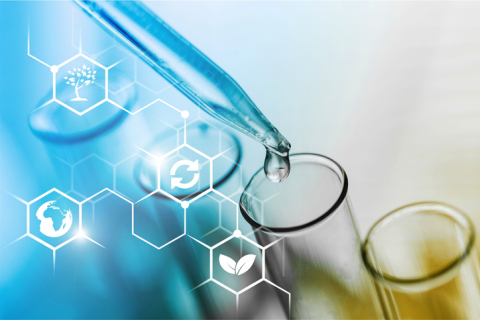 Test tube vials with blue cells overlay image