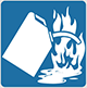 white icon indicating fire from gasoline, oil, paint and other flammable liquids on blue background