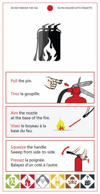 Instructions to operate an extinguisher: Pull the pin, aim the nozzle at the base of the fire, squeeze the handle.