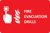 icon of hand pressing button beside fire, text beside: fire evacuation drills