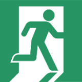 green icon of person walking out a doorway on white background
