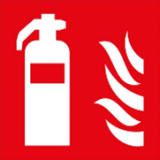 white icon of fire extinguisher beside fire on red background