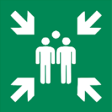 white icon of a group of people with arrows pointing at them on a green background