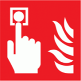 white icon of hand pressing button beside fire on red background