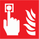 Icône blanche d'une main appuyant sur un bouton à côté d'un feu sur fond rouge