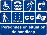 Grille 4 par 2 de diverses icônes d'accessibilité, texte ci-dessous : personnes en situation de handicap