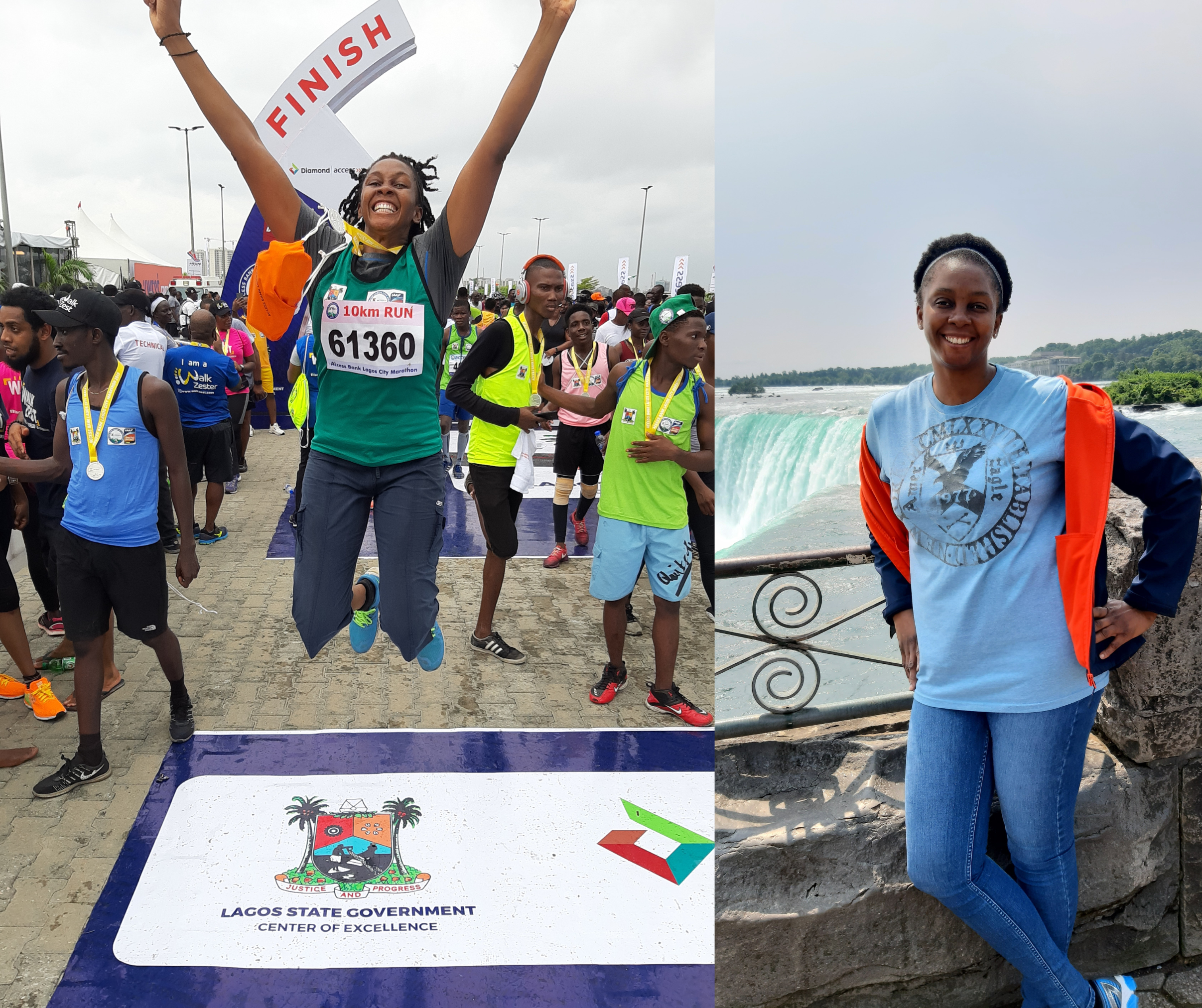 Akwugo is pictured at the front of Niagara Falls and in a race. 