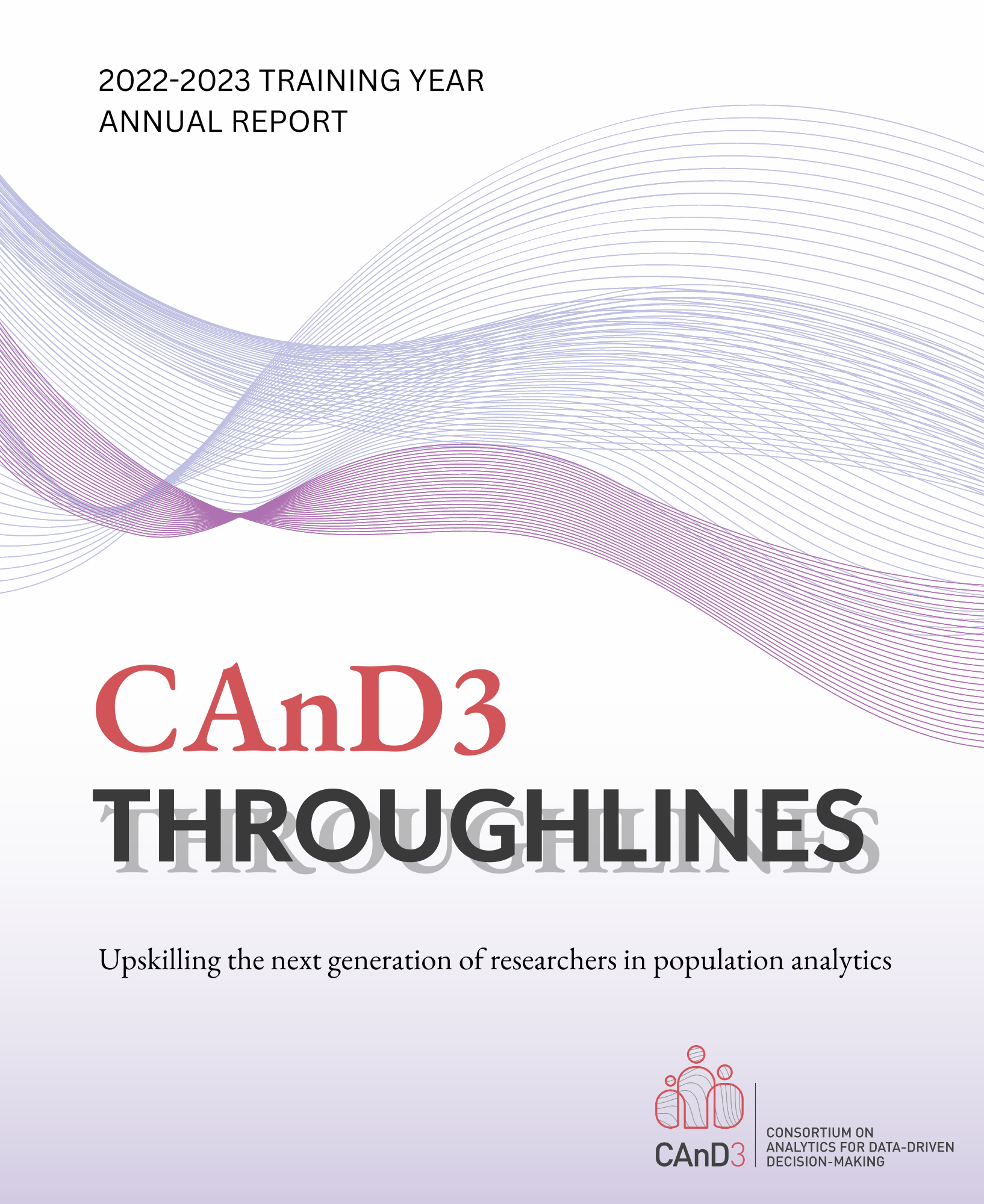 Annual report cover page with images of swirls representing CAnD3's logo