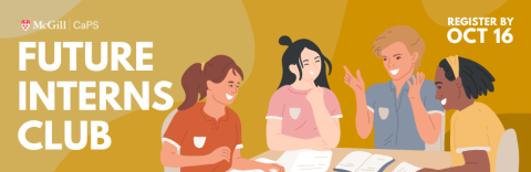 A graphic of four people sitting around a table working on a project with the words "Future Interns Club" overlaid.