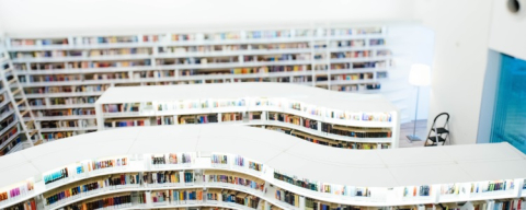Overhead view of white and curved library shelves