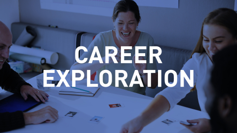 Students working and laughing at a table, with "Career Exploration" label