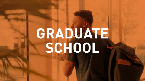 Graduate School Student walking out the door, with "Graduate School" label