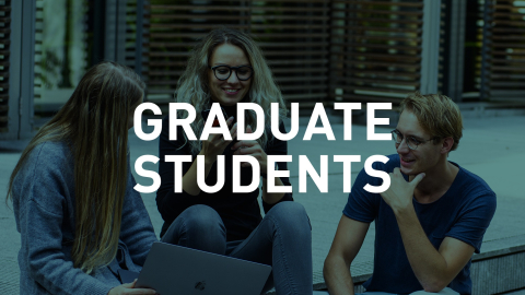 Graduate Students Group of students sitting and talking on steps, with "Graduate Students" label