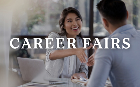 Two people shaking hands with the words "career fair" in front