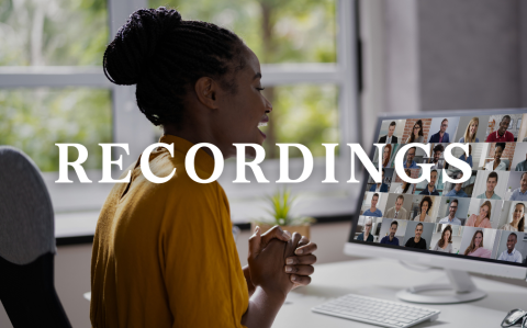 A woman facilitating a video call on a computer monitor with the word "recordings" in front