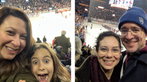 A mom and daughter in the stands at a hockey game; a young couple in the stands at a hockey game.