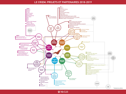 Schéma présentant les 14 projets et la soixantaine de partenaires du CRIEM pour l'année universitaire 2018-2019