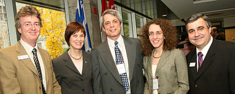 Left to right: Martin Grant, Dean of Science; Heather Munroe-Blum, Principal and Vice-Chancellor; Lorne Trottier; Victoria Kaspi, Professor of Physics; Christophe Pierre, Dean of Engineering.