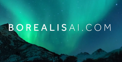 northern lights in sky with borealisai.com superimposed