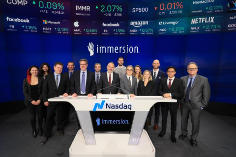 Immersion group standing at table at NASDAQ