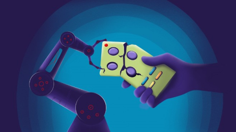 image de dessin animé d'un robot et d'un humain tenant un appareil cassé