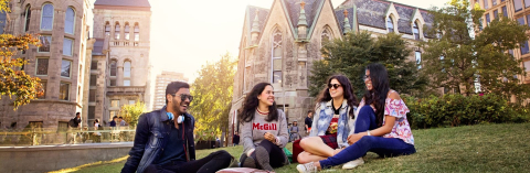 Student group sitting on "the beach" in front of Redpath Museum Valeria Lau | McGill University (April 2018)