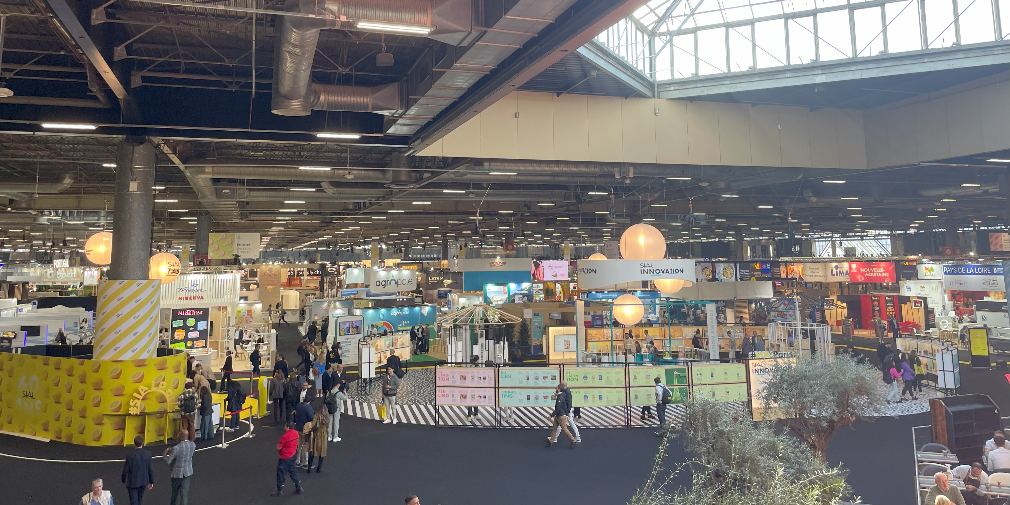 Vue d'ensemble du Hall 6 au SIAL Paris depuis l'entrée. On y voit des kiosques disposés en rangées dans une énorme salle d'exposition.