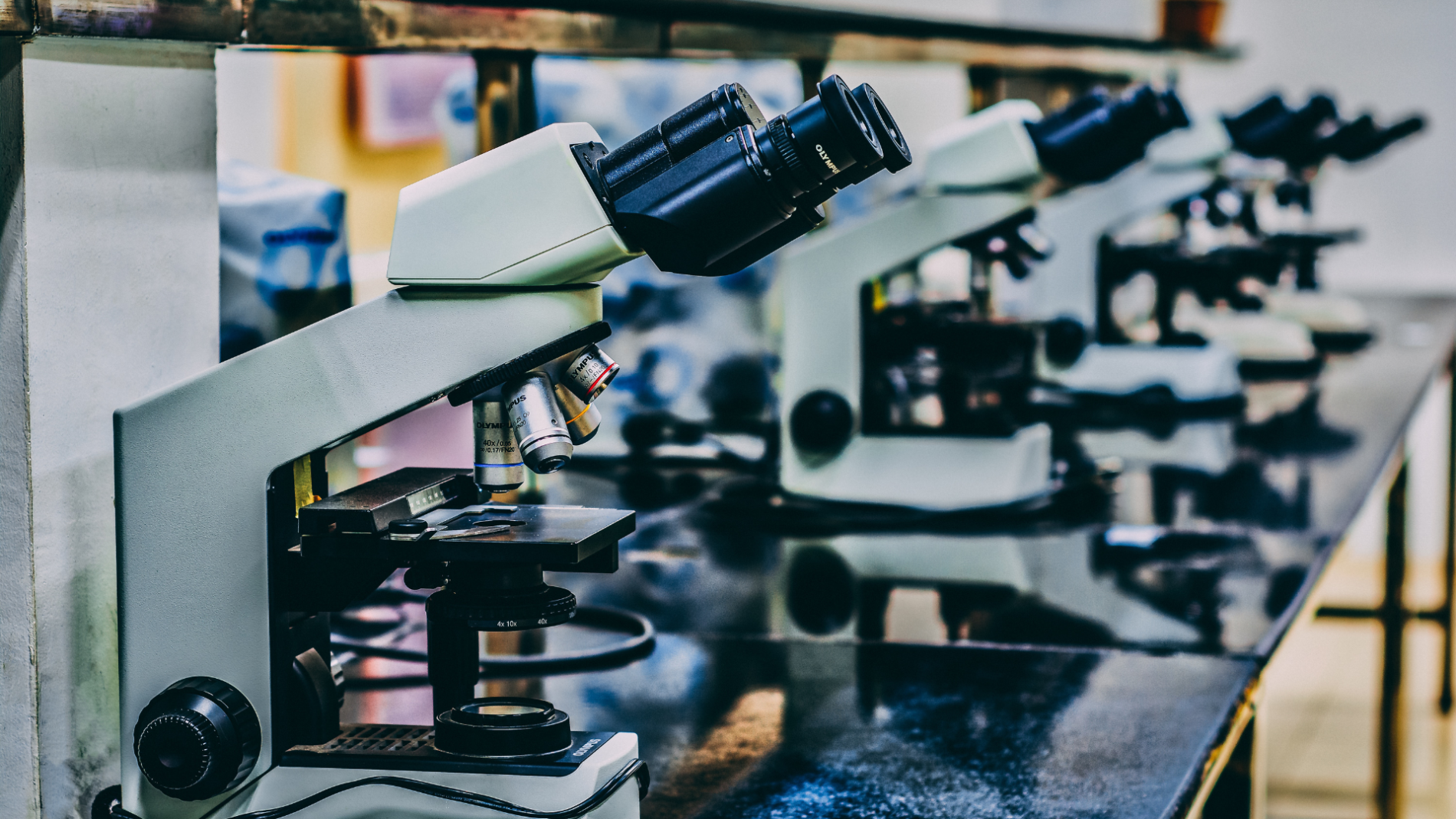 Photo de microscopes alignés sur un banc d'essai de laboratoire.