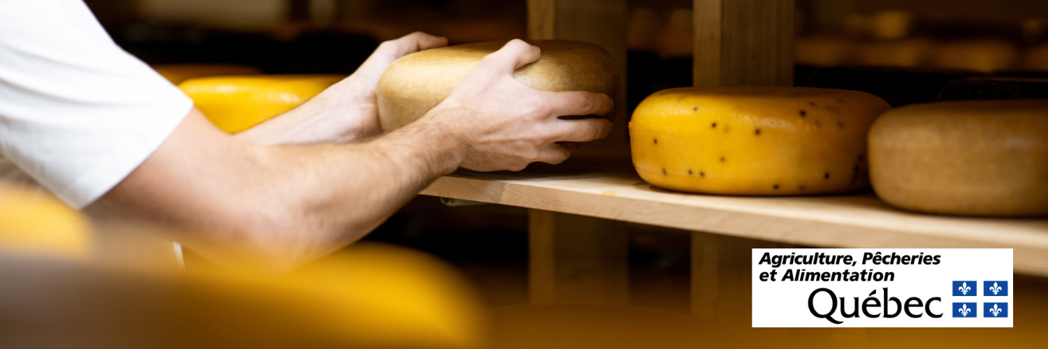 Photo d'un fromager déposant une meule de fromage sur une étagère. Le logo du MAPAQ est disposé dans le coin inférieur droit.