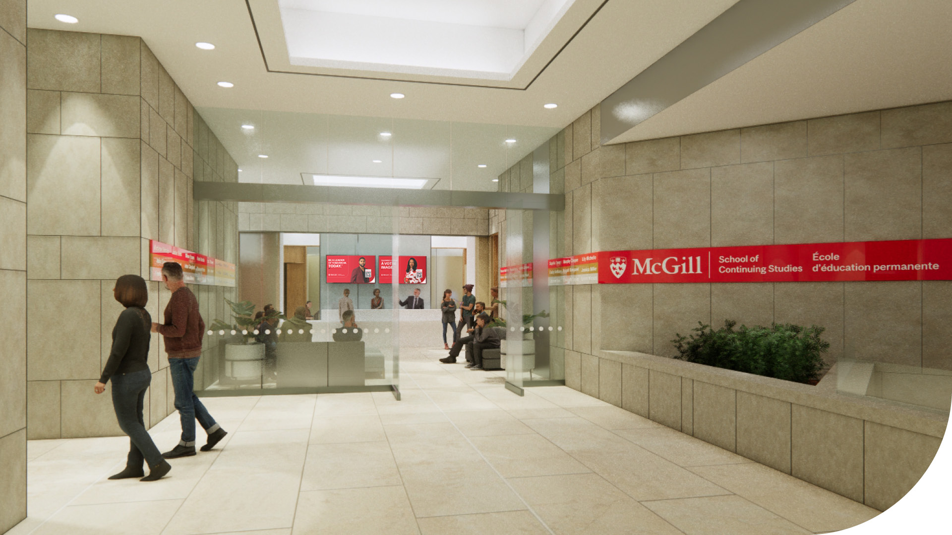 Rendering of the new Welcome Centre that shows the entrance of 680 Sherbrooke West with a client services desk