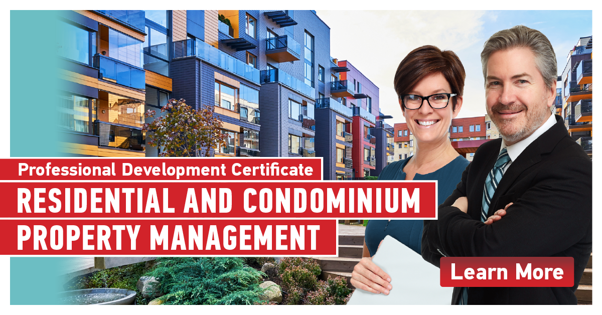 Program Image - two professionals standing in front of a modern condominium - McGill's Professional Development Certificate in Residential Property and Condominium Management