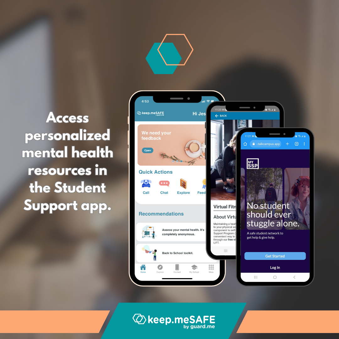 Screenshots of the keep.meSAFE app showing access to personalized mental health resources.