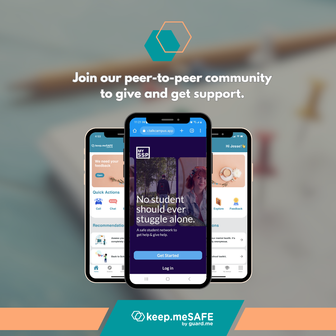 Screenshots of the keep.meSAFE app showing peer-to-peer community support resources
