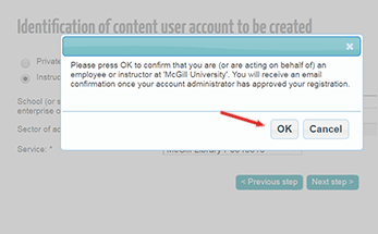 Identification of content user account to be created - Confirmation