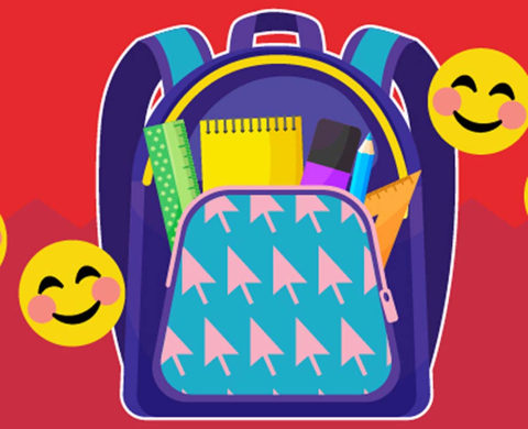 cartoon image of backpack with school supplies and surrounding cartoon happy faces