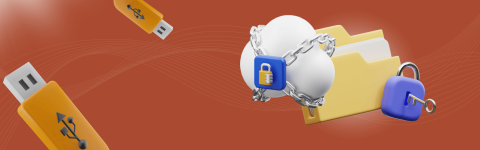 A cloud wrapped in chains and a padlock hovering next to a file folder with a padlock on it. USB keys are floating around it.