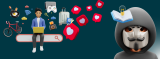 hacker in the corner with person sitting on a search bar with things they look up and like, such as a bike, music, games