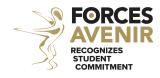 Forces Avenir Logo with image of Forces Avenir Statue, name of organization, and slogan recognizes student commitment