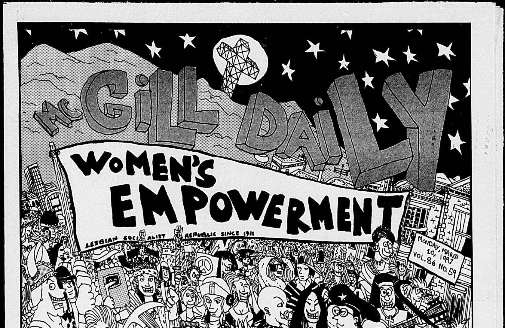 A group of people hold a "Women's Empowerment" banner. Montreal's Mont Royal is in the background with the words "McGill Daily" at the top.