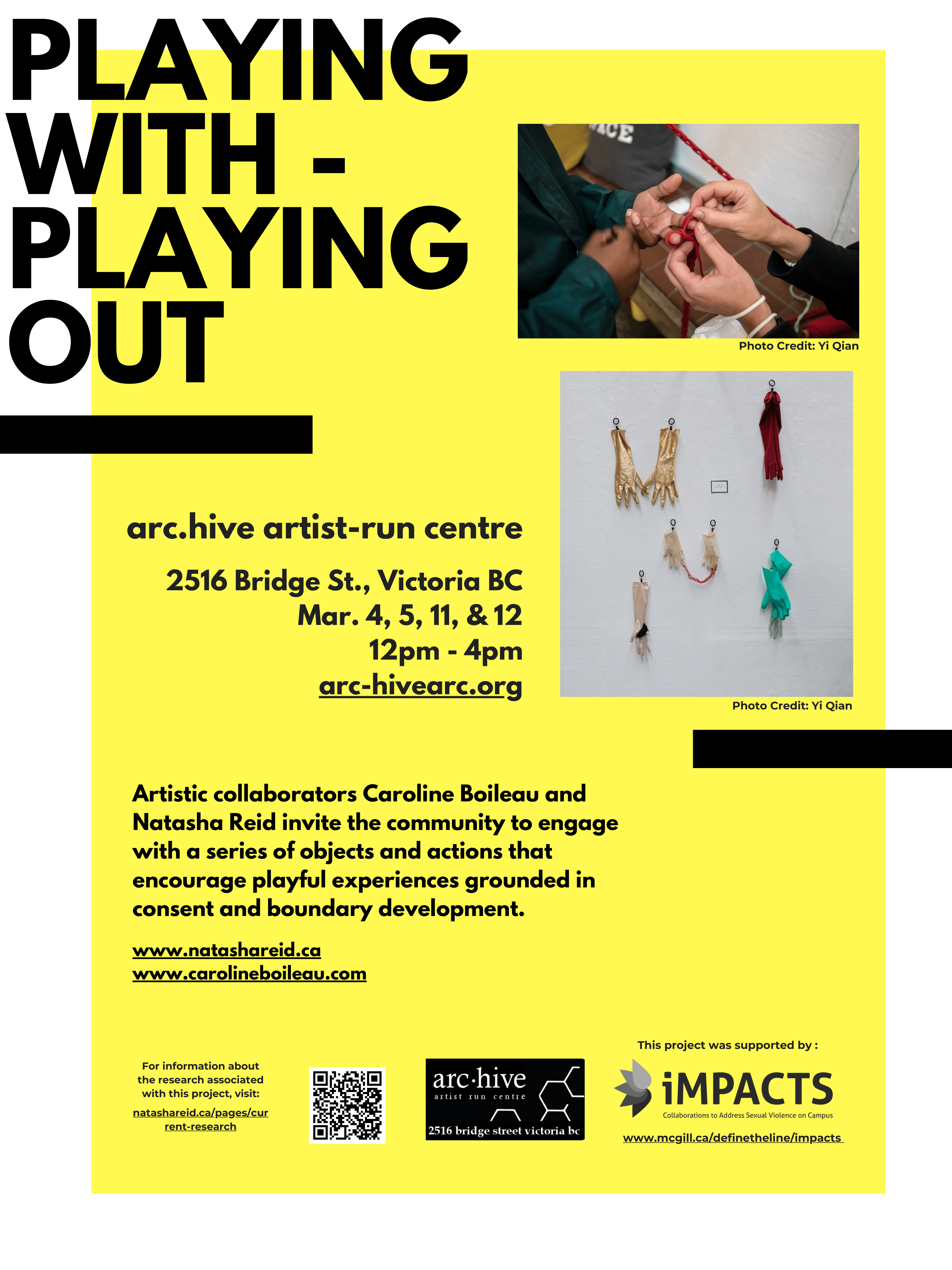 poster of "playing with playing out" exhibit with two images of hands playing with string and gloves hanging from the wall 